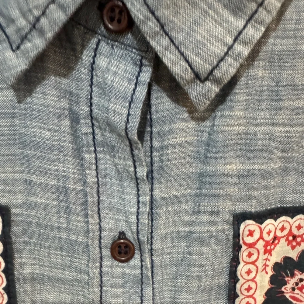 FREE PEOPLE Bandana Bandit Chambray Button Down Shirt Boho Western S